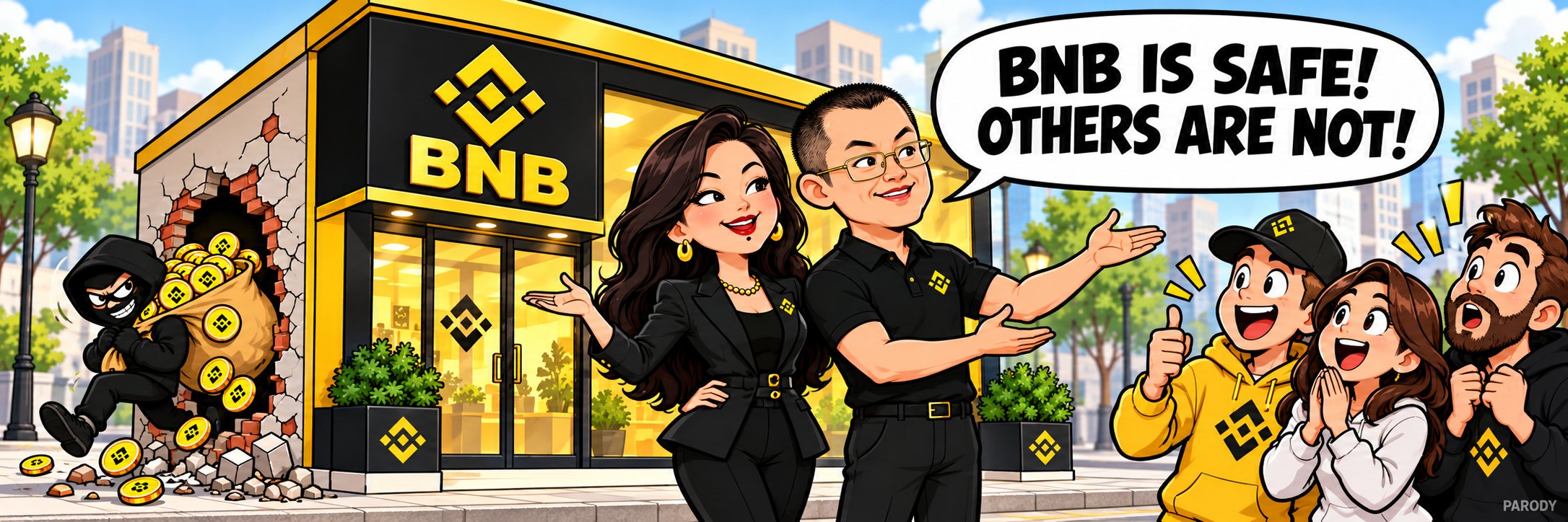 Cartoon street scene: two smiling executives present outside a yellow-and-black BNB storefront while a hooded cartoon thief escapes through a hole in the wall behind them and an excited crowd cheers.